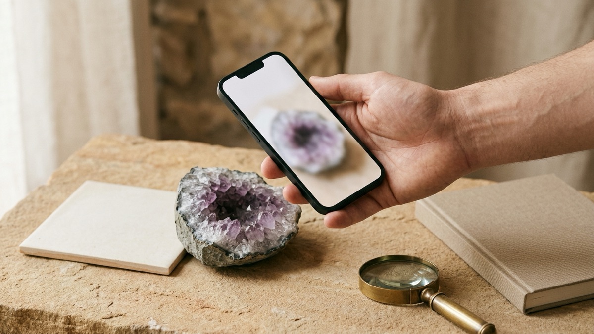 A phone above a rough geode and a streak tile on a stone table, with a hand lens and field notebook nearby